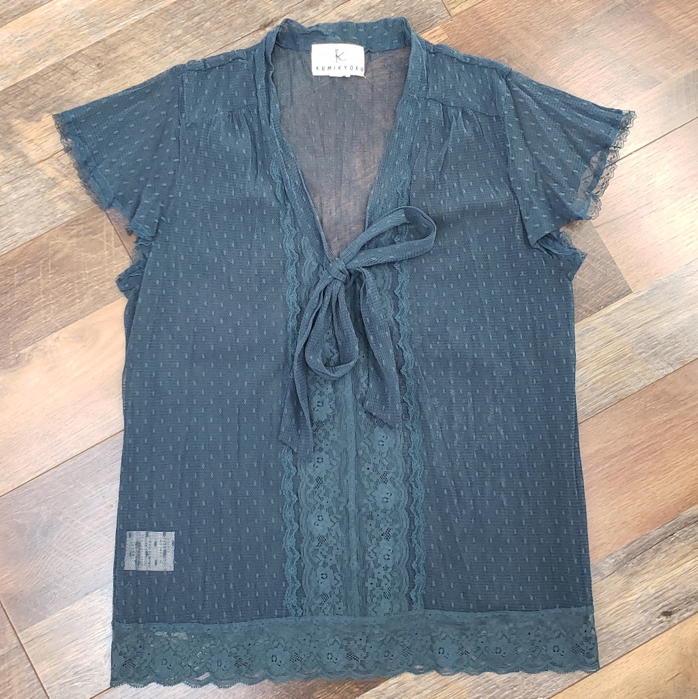 Kumikyoku Dark Teal Sheer Lace V-neck Short Sleeve Top, Size 2